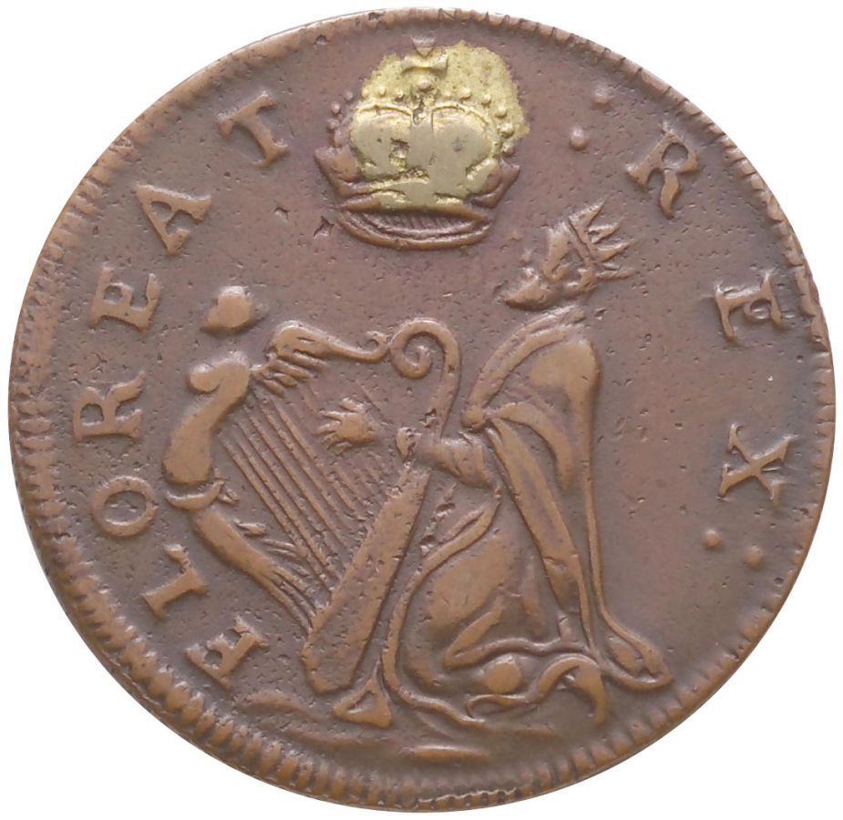 St. Patrick's Half-Penny coin obverse — FLOREAT REX, figure playing harp