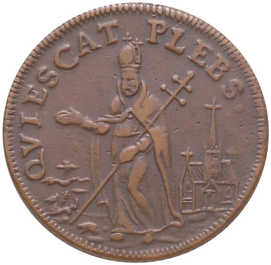 St. Patrick's Half-Penny coin reverse — QUIESCAT PLEBS, Saint Patrick with churches