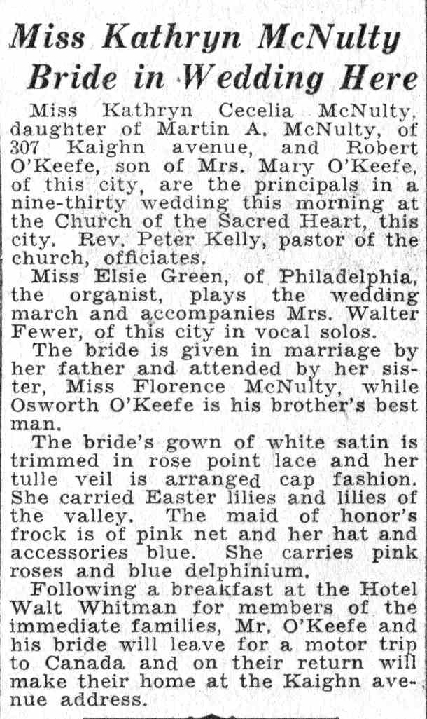 Wedding photo — Kathryn Cecelia McNulty and Robert O'Keefe, June 1932