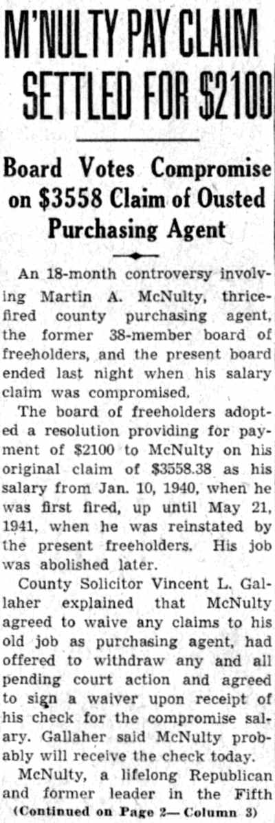 M'Nulty Pay Claim Settled for $2100 — newspaper article
