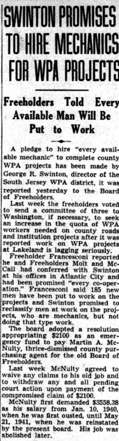 Swinton Promises to Hire Mechanics for WPA Projects — newspaper article