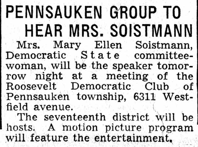 Pennsauken Group to Hear Mrs. Soistmann — newspaper clipping