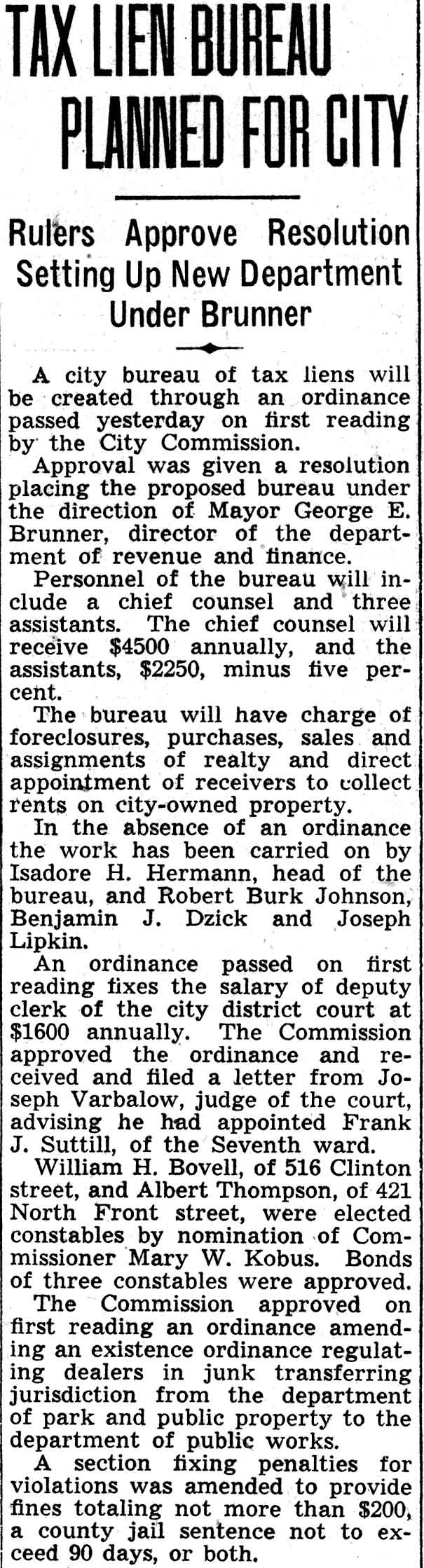 Tax lien bureau planned February 25 1938