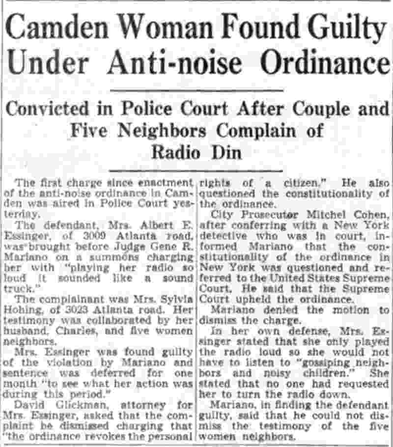 Camden Woman Found Guilty Under Anti-noise Ordinance, July 30, 1941