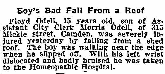 Philadelphia Inquirer May 7, 1906 — Floyd Odell injured falling from shed roof