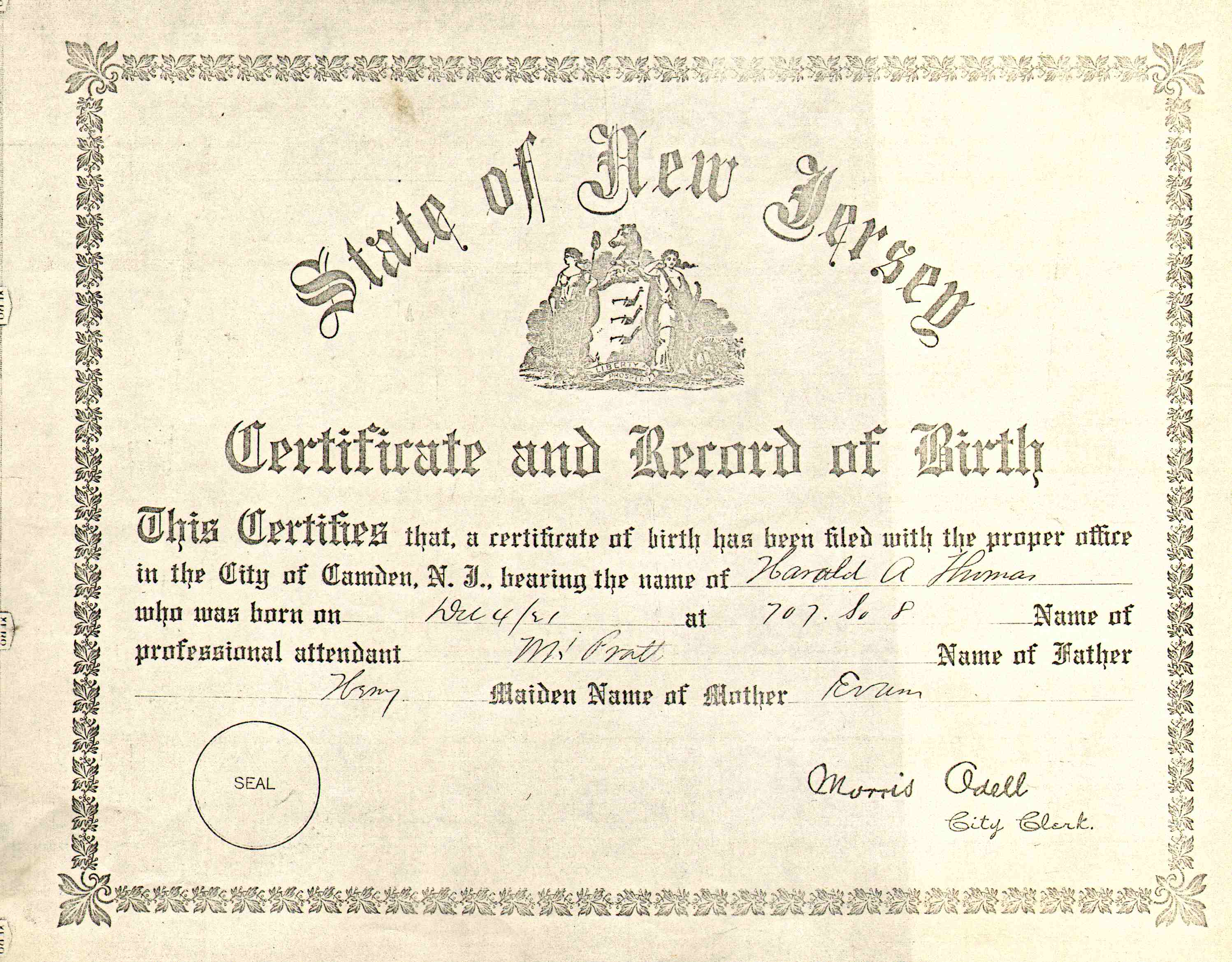 Birth certificate signed by Morris Odell, City Clerk, December 4, 1921