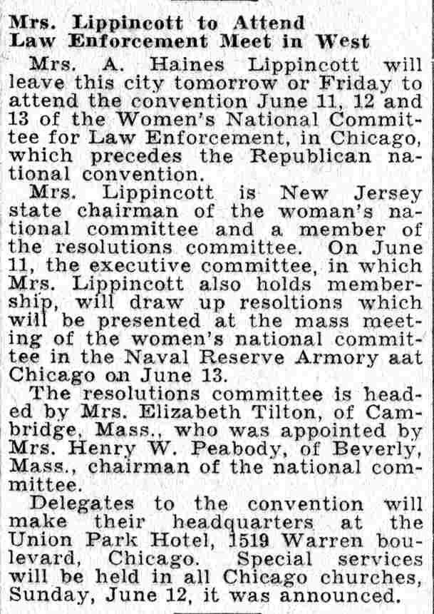 Camden Courier-Post, June 8, 1932 — Mrs. Lippincott to Attend Law Enforcement Meet in West
