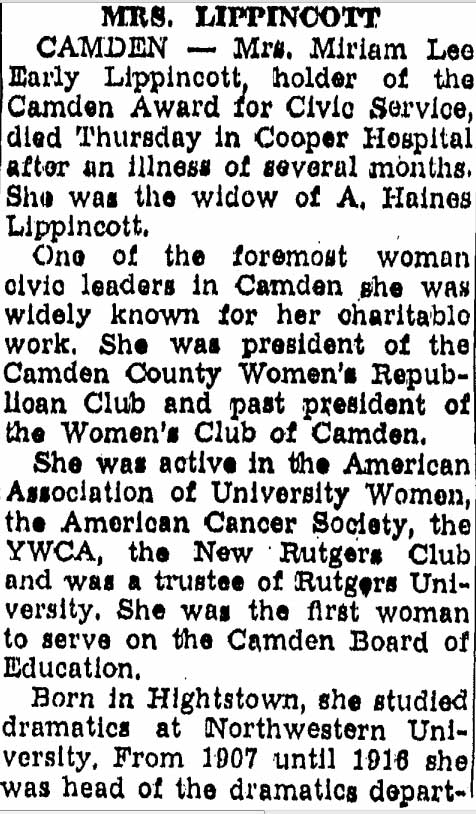 Trenton Evening Times, August 31, 1947 — Obituary for Mrs. Miriam Lee Early Lippincott