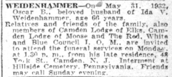 Camden Courier-Post, June 2, 1932, Weidenhammer death notice