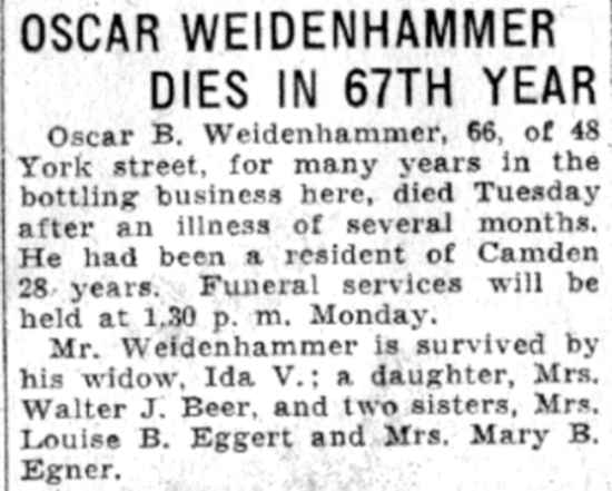 Camden Courier-Post, June 2, 1932, Oscar Weidenhammer Dies in 67th Year