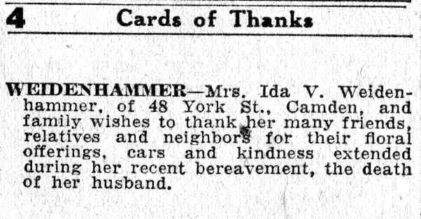 Camden Courier-Post, June 9, 1932, Weidenhammer card of thanks