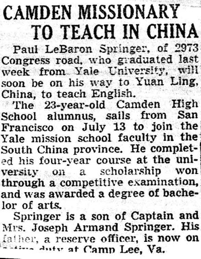 Paul LeBaron Springer — Camden Courier-Post, July 1941