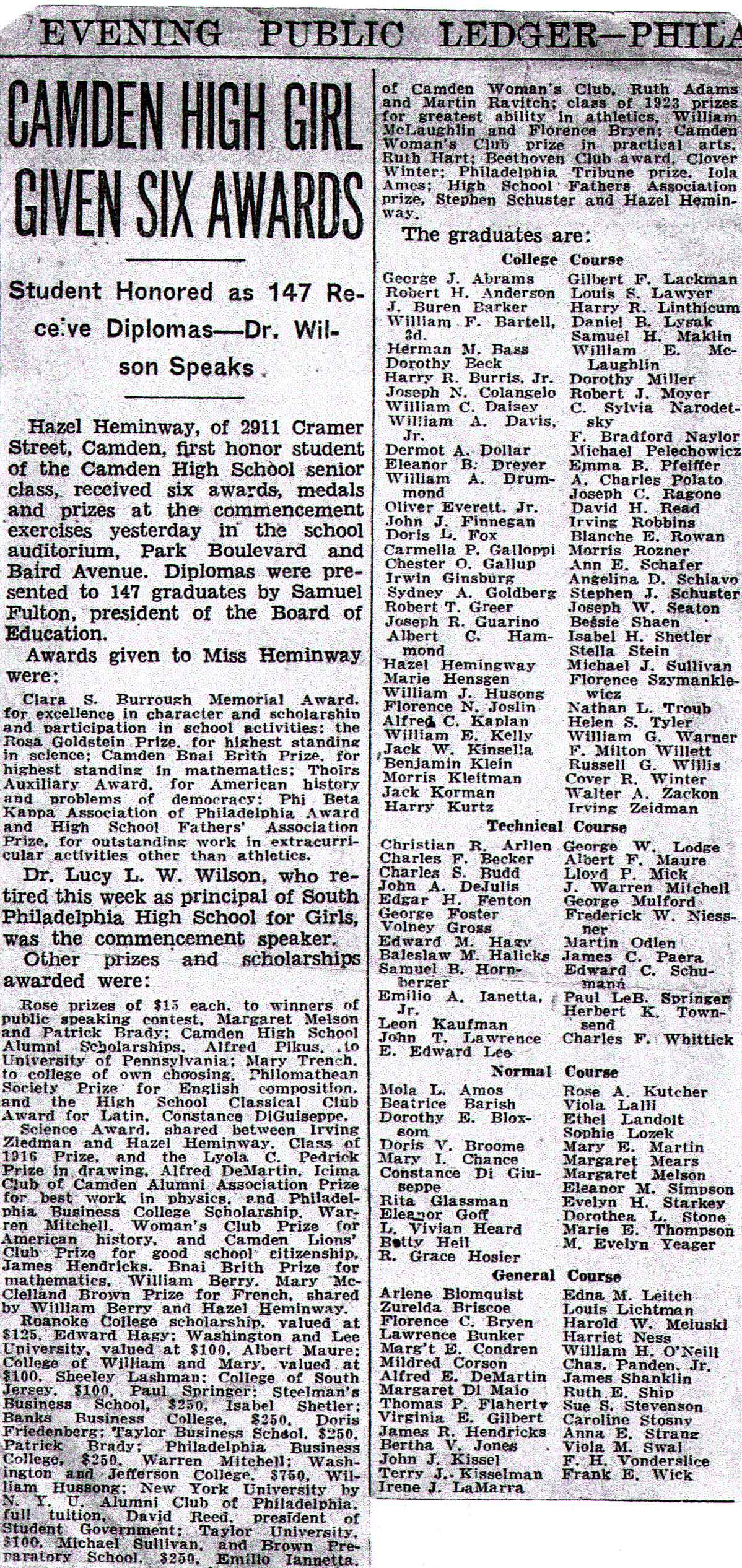 Philadelphia Evening Public Ledger, 1934 — Camden High commencement featuring William E. Kelly