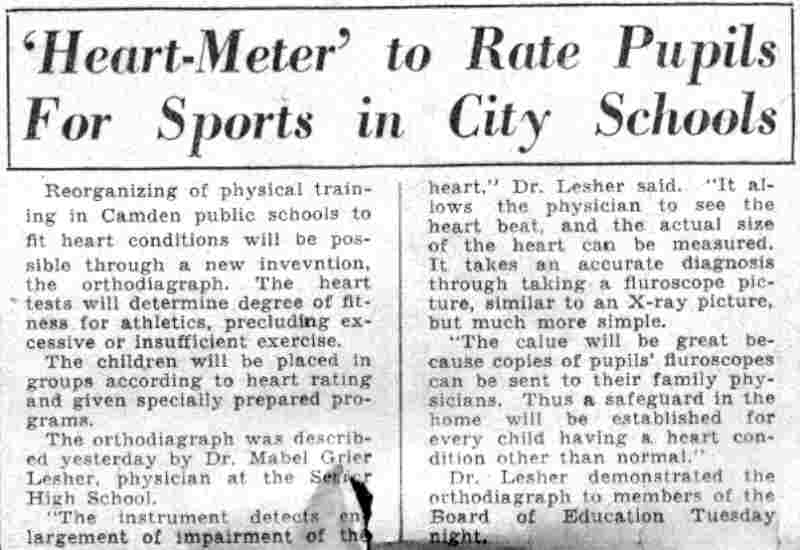 Camden Courier-Post, June 2, 1932 — 'Heart-Meter' to Rate Pupils For Sports in City Schools