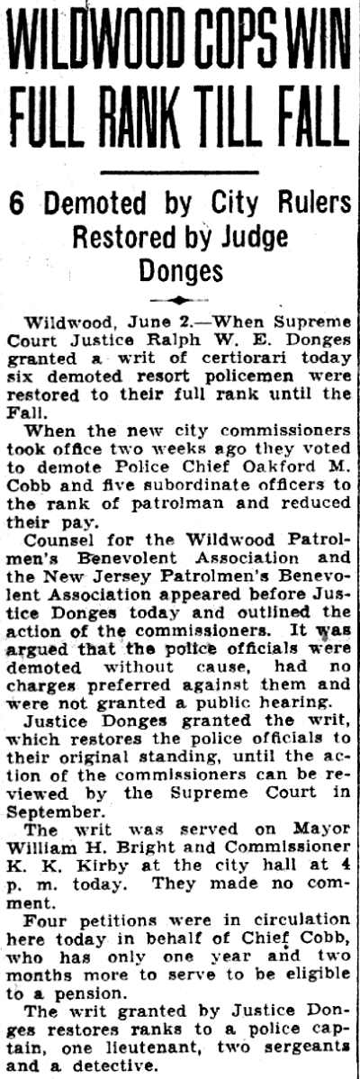Camden Courier-Post, June 3, 1932 — Wildwood Cops Win Full Rank Till Fall