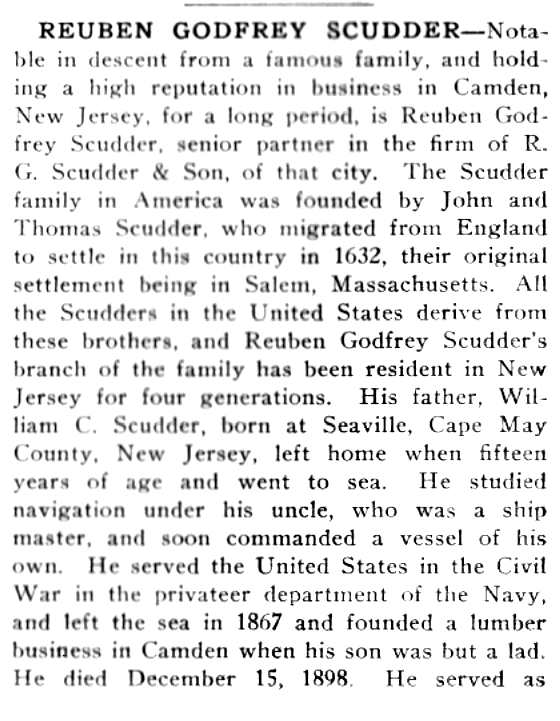 Biography of Reuben G. Scudder from South Jersey history book, page 1