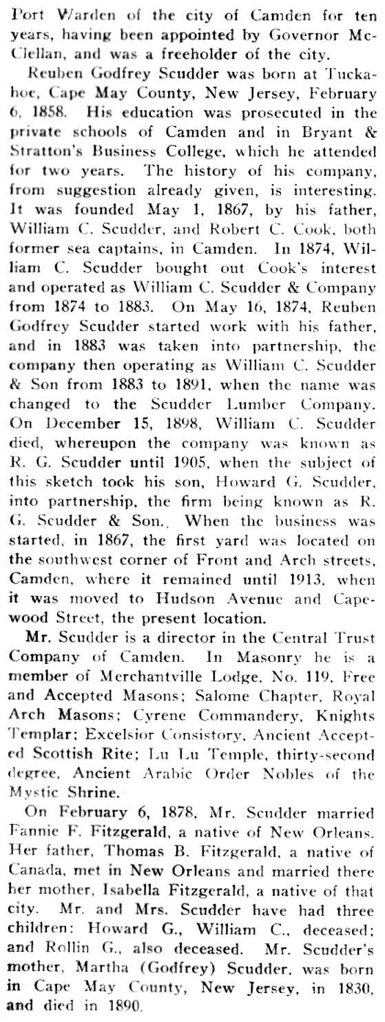 Biography of Reuben G. Scudder from South Jersey history book, page 2