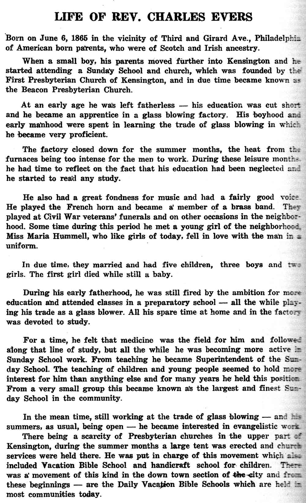 Life of Rev. Charles Evers — Souvenir Program, February 3, 1944