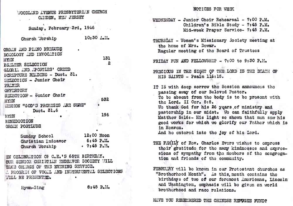 Woodland Avenue Presbyterian Church bulletin — February 3, 1946