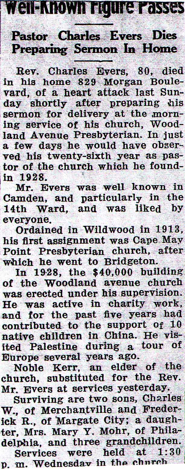 Well-Known Figure Passes — Pastor Charles Evers Dies Preparing Sermon In Home — Camden Courier-Post, 1946