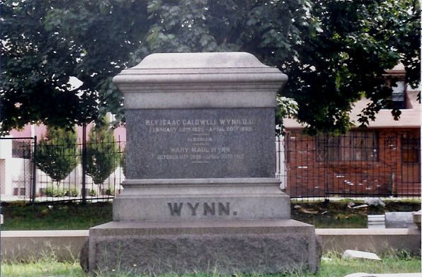 Photograph of the tombstone of Rev. Isaac Caldwell Wynn, D.D. at Evergreen Cemetery, Camden, showing birth date February 22, 1835 and death date April 20, 1889, and his wife Mary Maul Wynn
