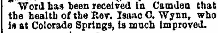 Philadelphia Inquirer clipping dated November 12, 1888, reporting that the health of Rev. Isaac C. Wynn at Colorado Springs was much improved