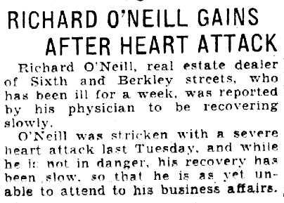 Camden Courier-Post, June 2, 1932 — Richard O'Neill Gains After Heart Attack