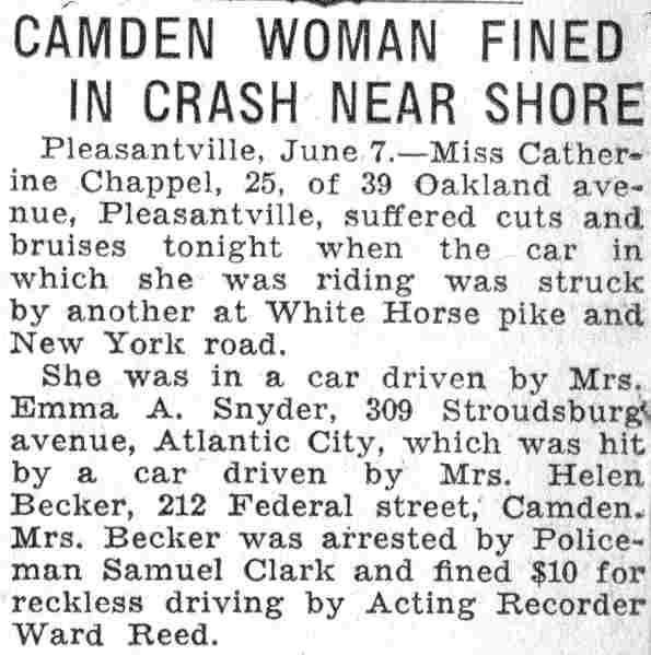 Camden Woman Fined in Crash Near Shore — Camden Courier-Post, June 8, 1932