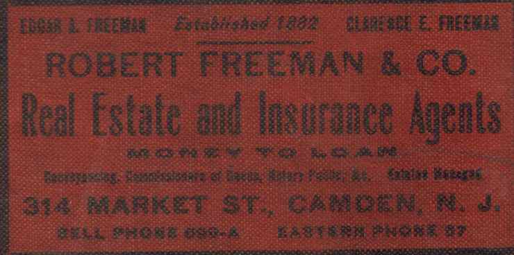 1906 Camden City Directory cover advertisement — Robert Freeman & Co., Real Estate and Insurance Agents, 314 Market Street