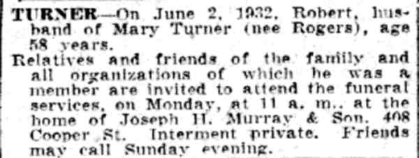 Robert Turner obituary notice — Camden Courier-Post, June 3, 1932