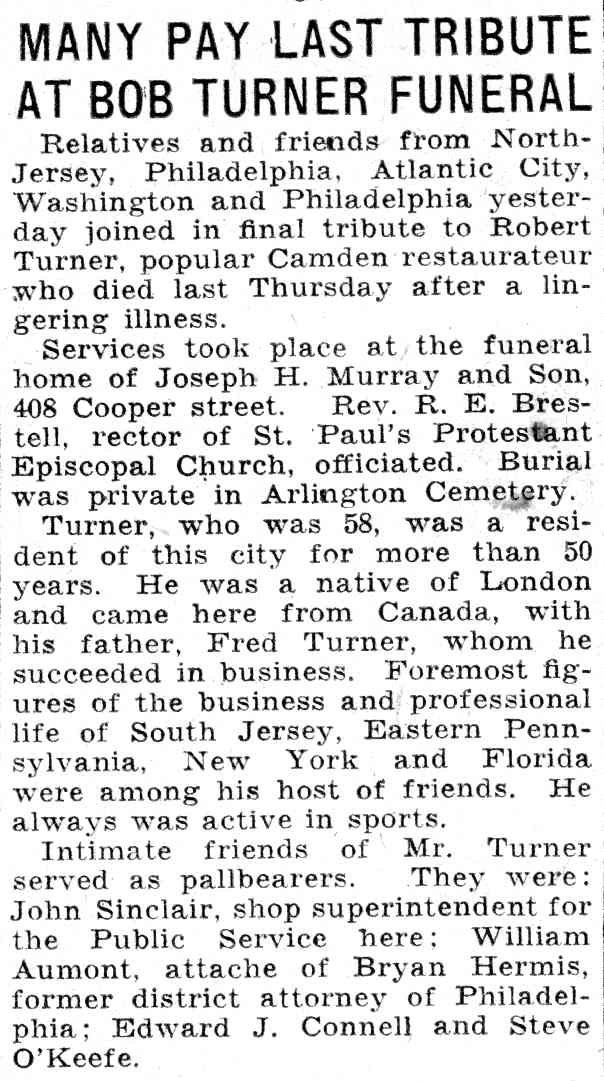 Many Pay Last Tribute at Bob Turner Funeral — Camden Courier-Post, June 7, 1932