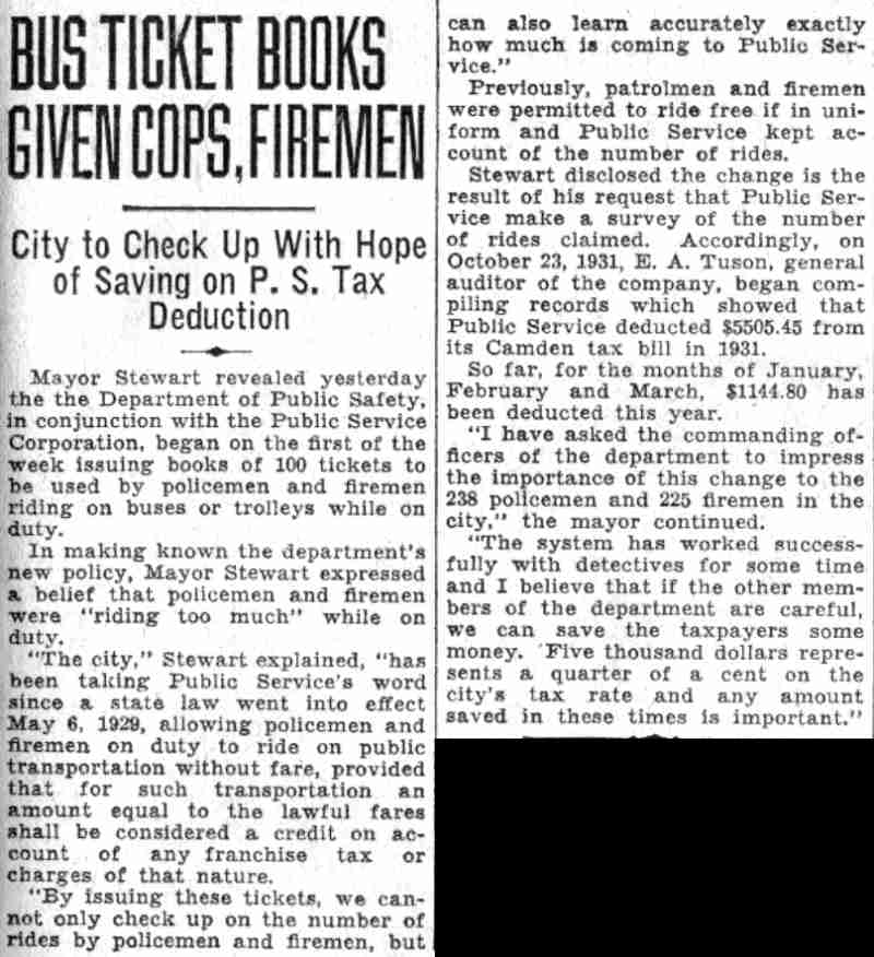 Bus Ticket Books Given Cops Firemen, June 4, 1932