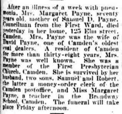 Obituary of Mrs. Margaret Payne, Philadelphia Public Ledger, March 16, 1922