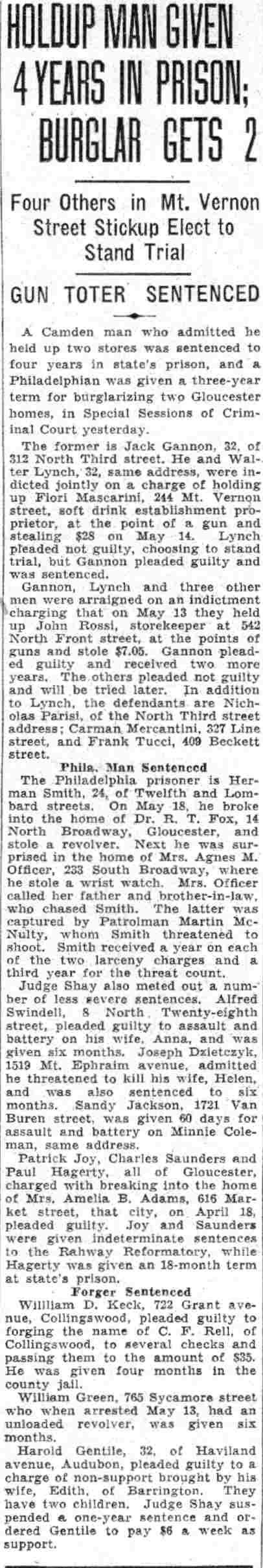 Camden Courier-Post clipping, June 2, 1932, reporting Alfred Swindell of 8 North 28th Street sentenced to six months for assault on his wife