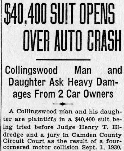 $40,400 auto crash suit, Camden Courier-Post, June 9, 1932, page 1