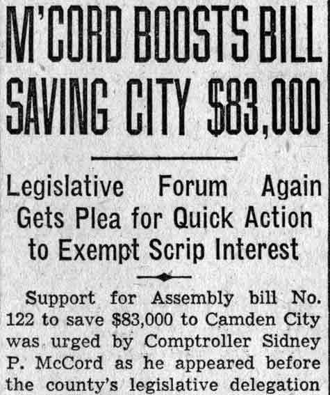 Camden Courier-Post February 21, 1938 — M'Cord Boosts Bill Saving City $83,000 — page 1