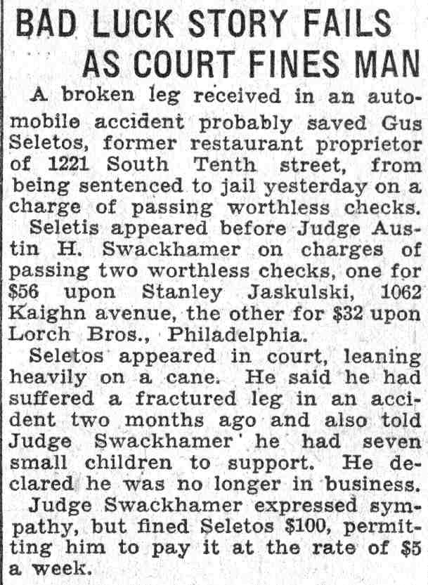 Bad Luck Story Fails as Court Fines Man, Camden Courier-Post, June 8, 1932