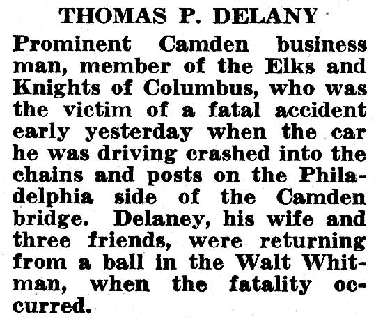 Camden Courier-Post: Thomas P. Delaney Killed in Crash at Bridge Plaza (continued) — February 24, 1938