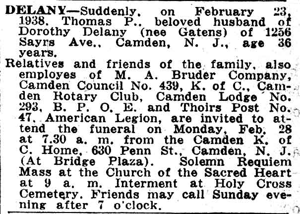 Death notice for Thomas P. Delany, Camden Courier-Post, February 25, 1938