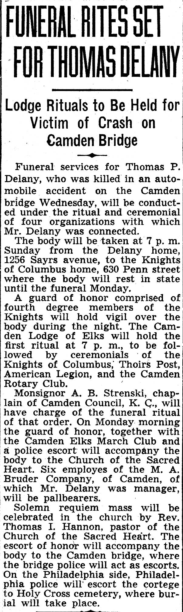 Camden Courier-Post: Funeral Rites Set for Thomas Delany — February 25, 1938