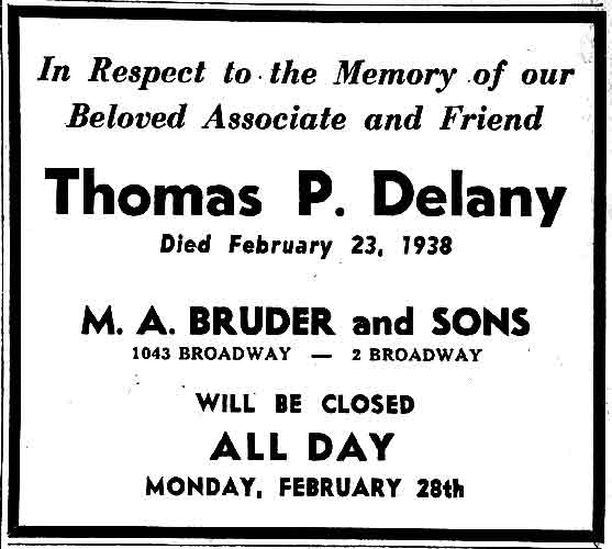 Memorial notice from M. A. Bruder and Sons for Thomas P. Delany, February 25, 1938