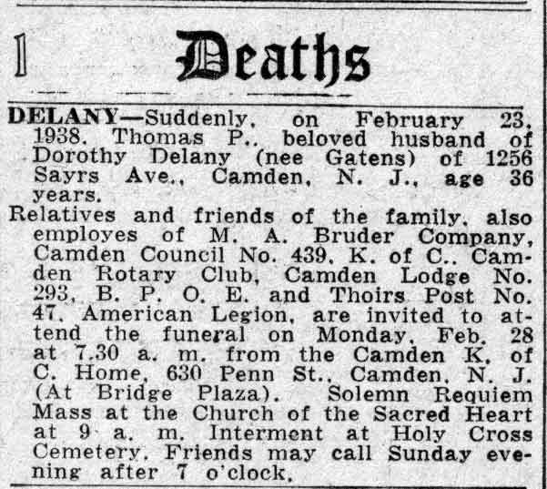 Deaths column, Camden Courier-Post, February 26, 1938