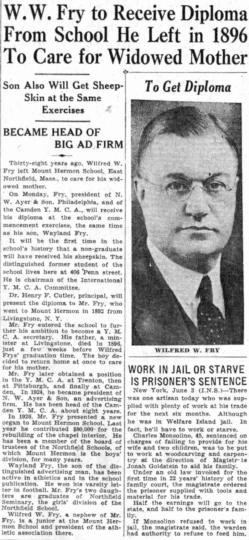 Camden Courier-Post, June 4, 1932 — W.W. Fry to Receive Diploma