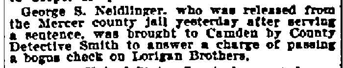 Philadelphia Inquirer, September 24, 1899 — George S. Neidlinger passing bogus check on Lorigan Brothers