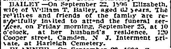 Death notice for Elizabeth Bailey, wife of William T. Bailey, Philadelphia Inquirer, September 24, 1896