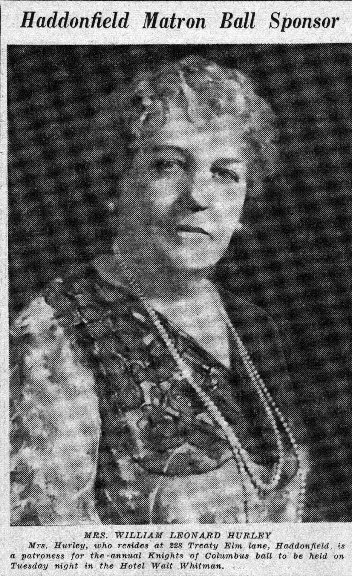 Mrs. William Leonard Hurley, Haddonfield Matron Ball Sponsor, newspaper header, February 19, 1938