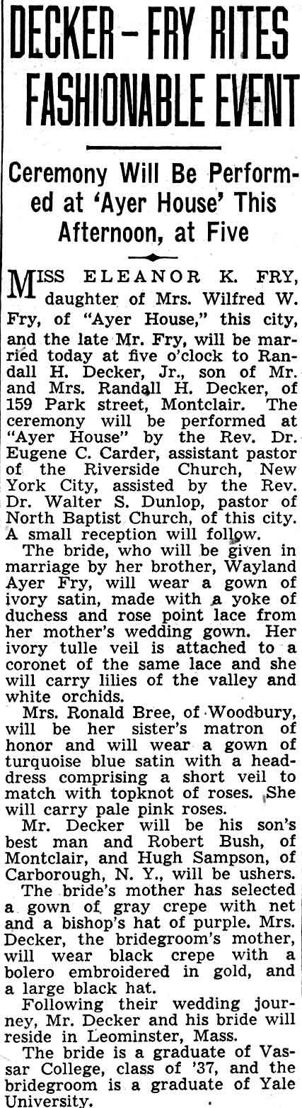 Camden Courier-Post, February 26, 1938 — Decker-Fry Rites Fashionable Event