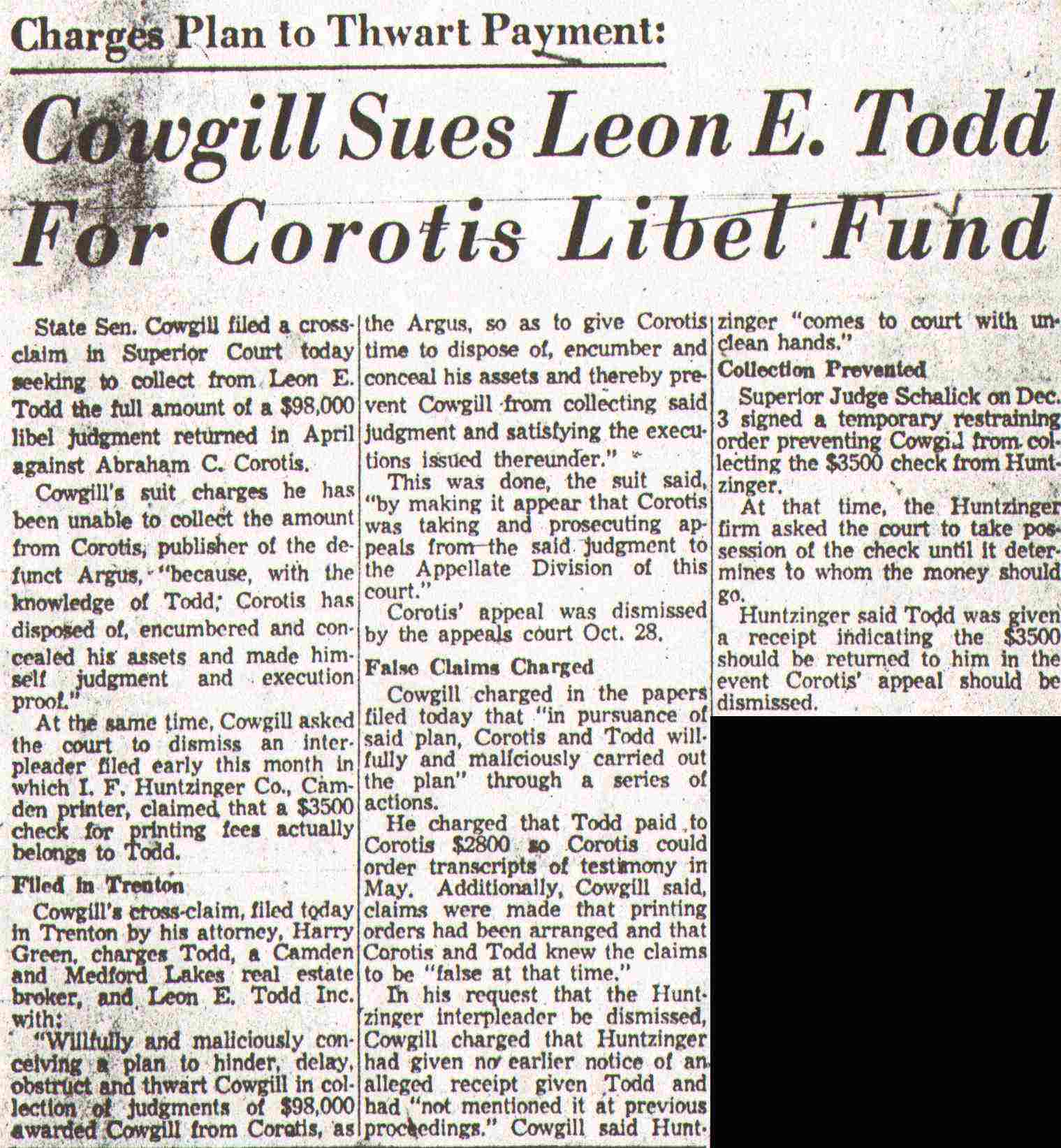 Cowgill Sues Leon E. Todd For Corotis Libel Fund, Camden Courier-Post December 22, 1957