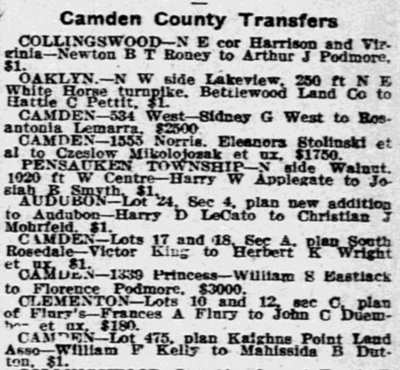 Camden County Transfers, Philadelphia Inquirer, November 11, 1914