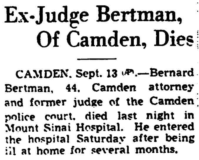 Camden Courier-Post, September 13, 1940 — Bernard Bertman obituary